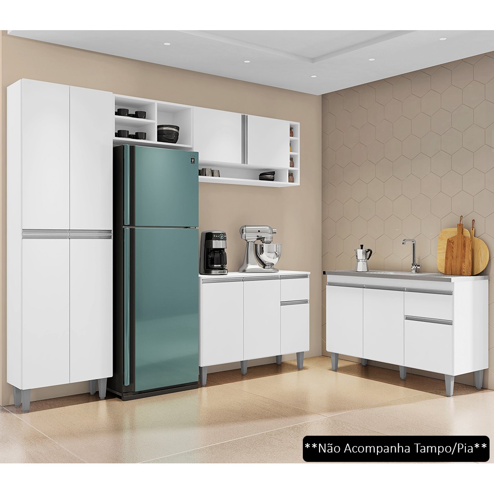 Cozinha Compacta Vanessa e Balcão Gabinete Sem Tampo Tatiane 120cm Branco - AJL Móveis