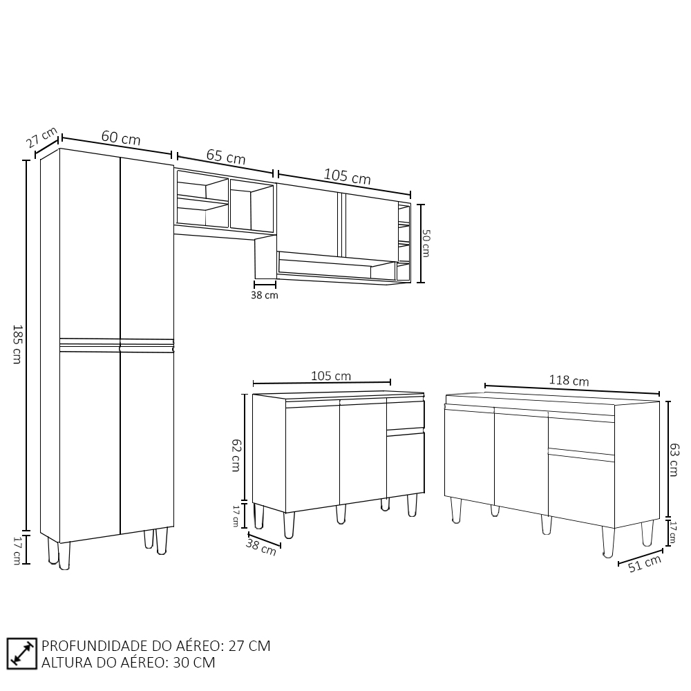 Cozinha Compacta Vanessa e Balcão Gabinete Sem Tampo Tatiane 120cm Branco - AJL Móveis