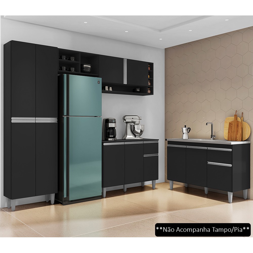 Cozinha Compacta Vanessa e Balcão Gabinete Sem Tampo Tatiane 120cm Preto - AJL Móveis