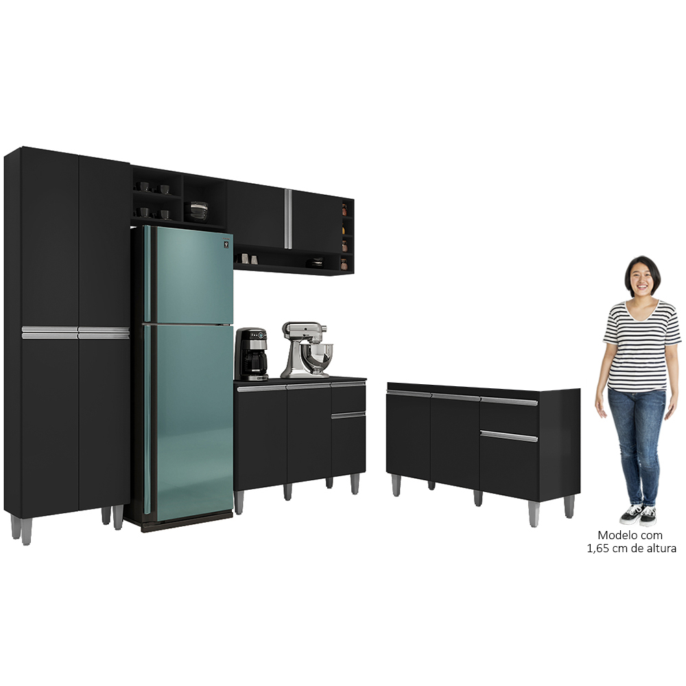 Cozinha Compacta Vanessa e Balcão Gabinete Sem Tampo Tatiane 120cm Preto - AJL Móveis