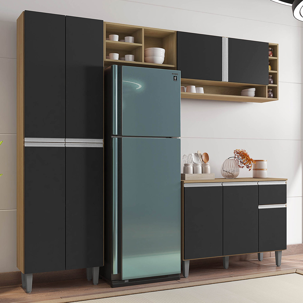 Cozinha Modulada 230cm 4 Peças Balcão e Aéreo Vanessa Amêndoa/Preto - AJL Móveis