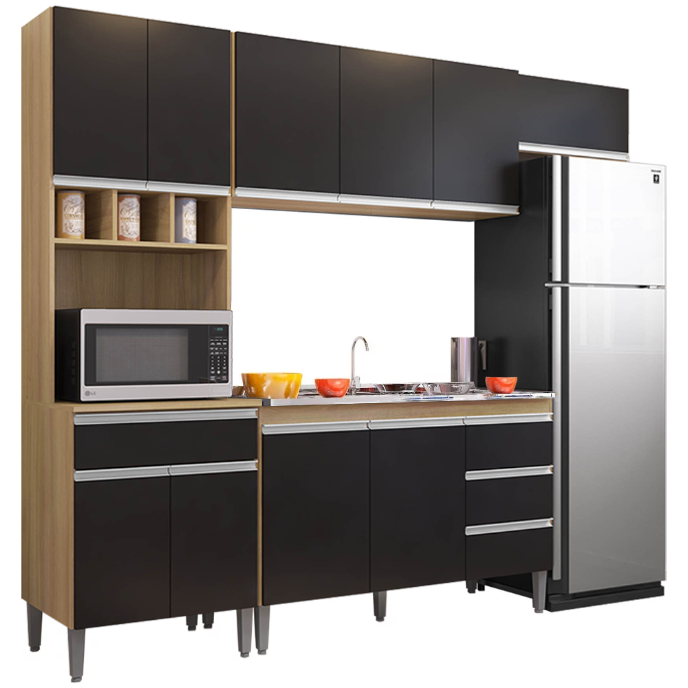 Cozinha Modulada 4 Peças Balcão com Pia 120cm Andréia Amêndoa/Preto - AJL Móveis