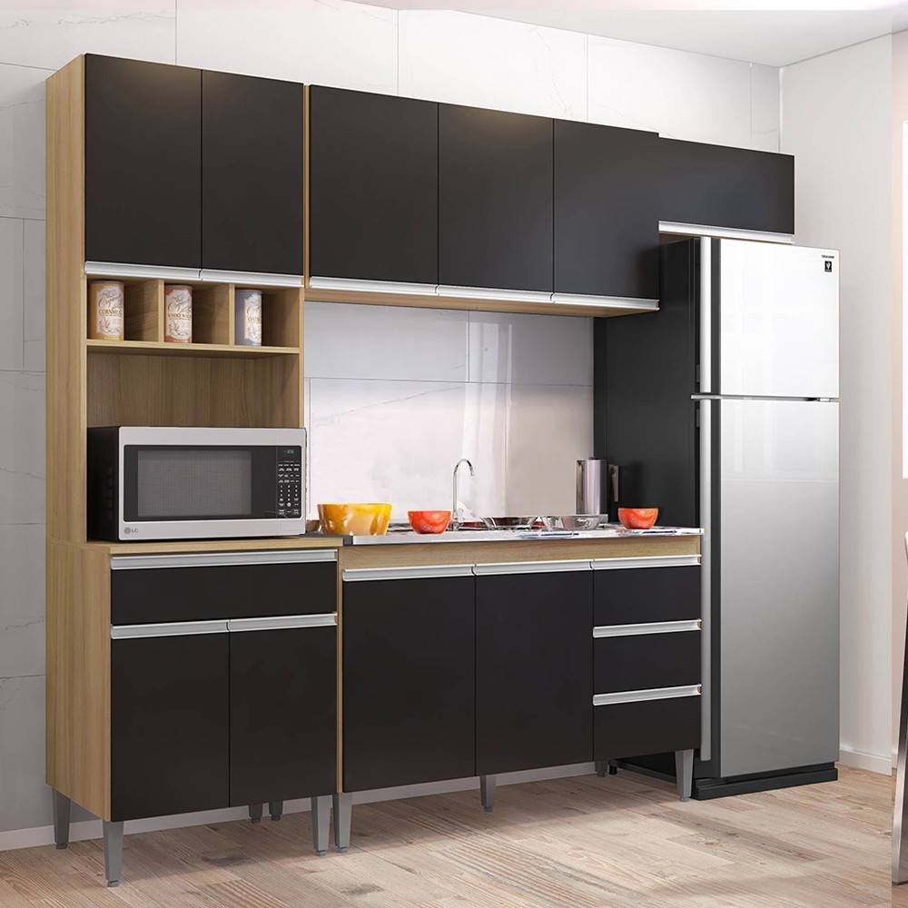 Cozinha Modulada 4 Peças Balcão com Pia 120cm Andréia Amêndoa/Preto - AJL Móveis