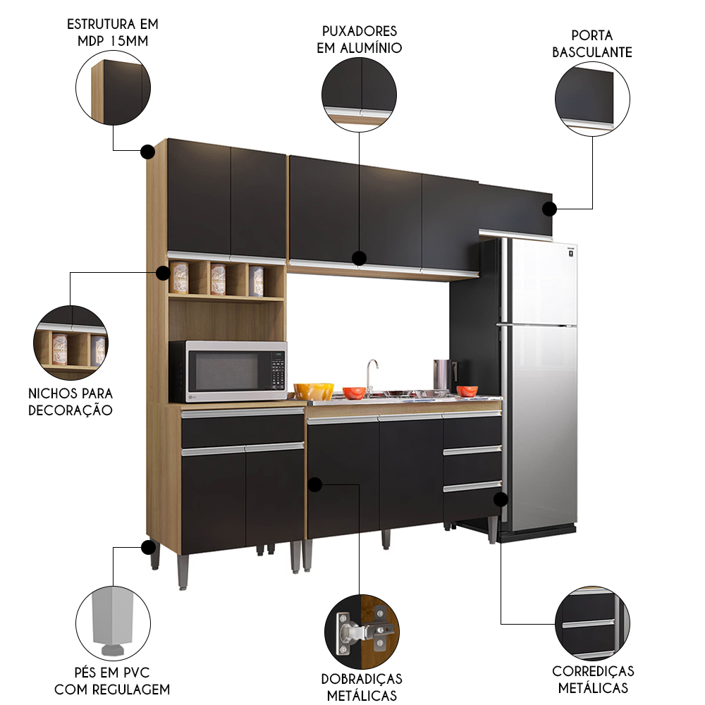 Cozinha Modulada 4 Peças Balcão com Pia 120cm Andréia Amêndoa/Preto - AJL Móveis