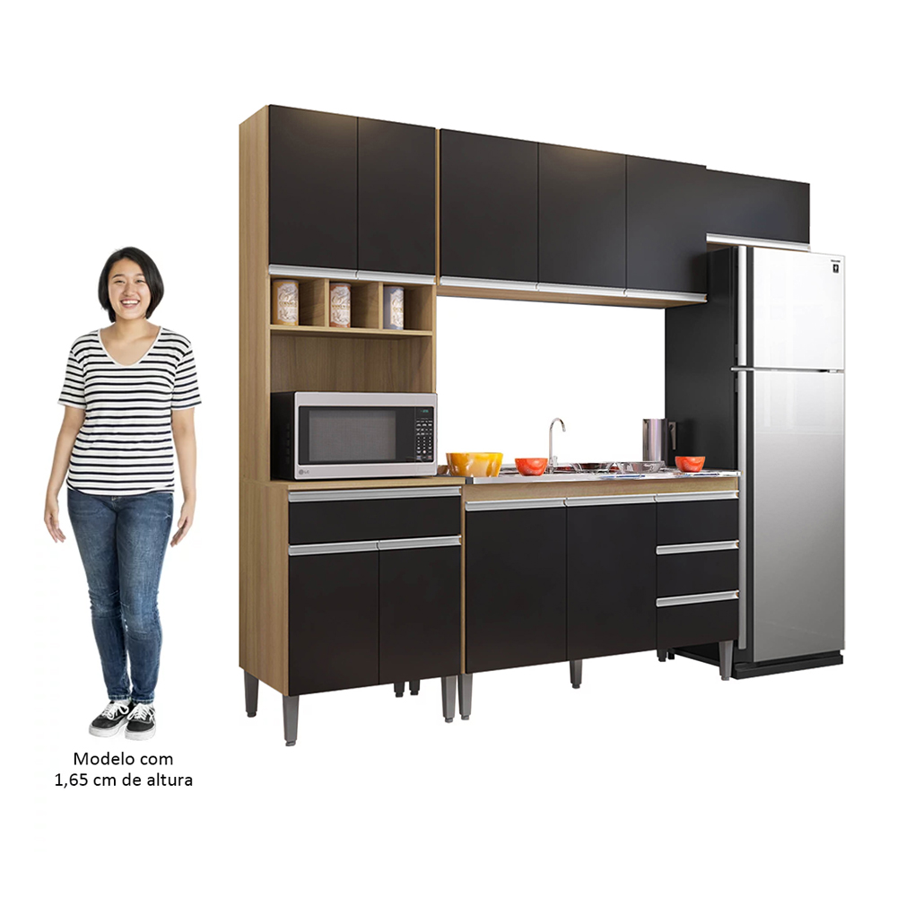 Cozinha Modulada 4 Peças Balcão com Pia 120cm Andréia Amêndoa/Preto - AJL Móveis
