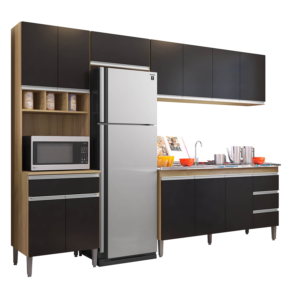 Cozinha Modulada 4 Peças Balcão com Pia 160cm Andréia Amêndoa/Preto - AJL Móveis