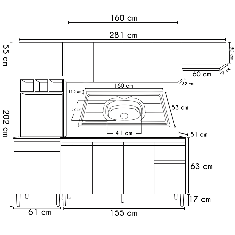 Cozinha Modulada 4 Peças Balcão com Pia 160cm Andréia Amêndoa/Preto - AJL Móveis