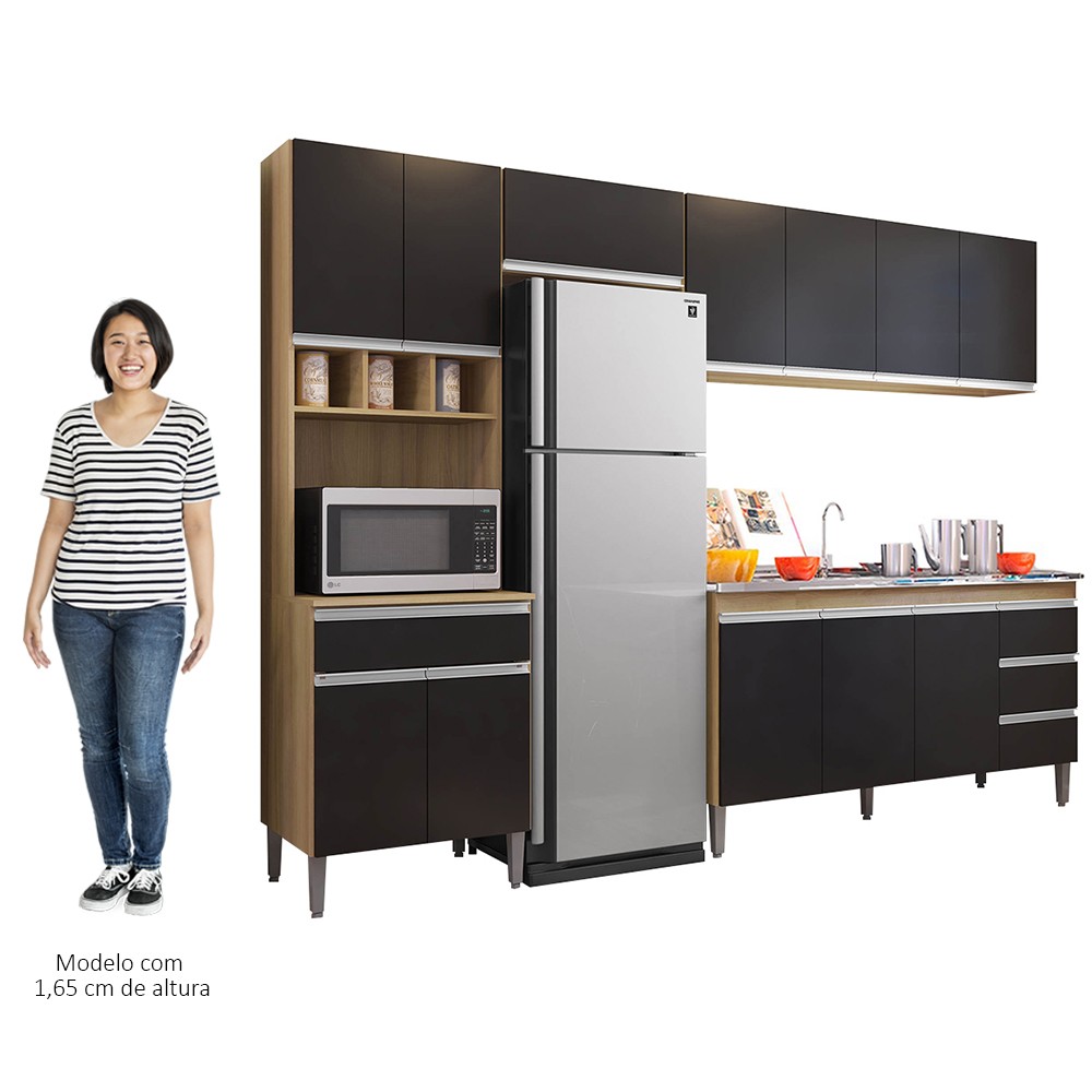 Cozinha Modulada 4 Peças Balcão com Pia 160cm Andréia Amêndoa/Preto - AJL Móveis