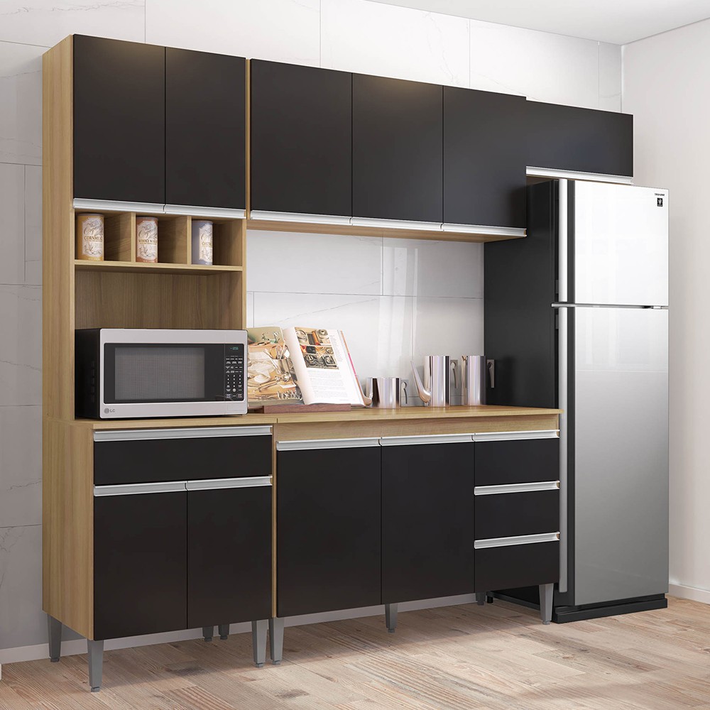 Cozinha Modulada 4 Peças Balcão com Tampo 120cm Andréia Amêndoa/Preto - AJL Móveis