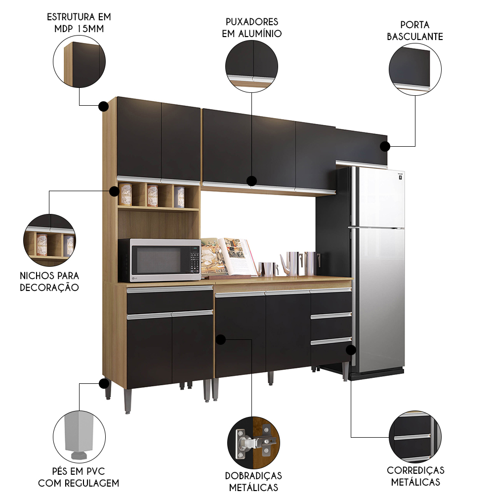 Cozinha Modulada 4 Peças Balcão com Tampo 120cm Andréia Amêndoa/Preto - AJL Móveis