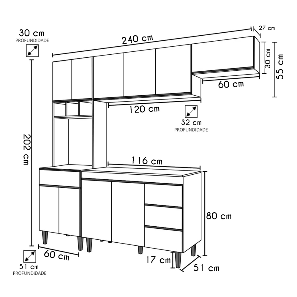 Cozinha Modulada 4 Peças Balcão com Tampo 120cm Andréia Amêndoa/Preto - AJL Móveis