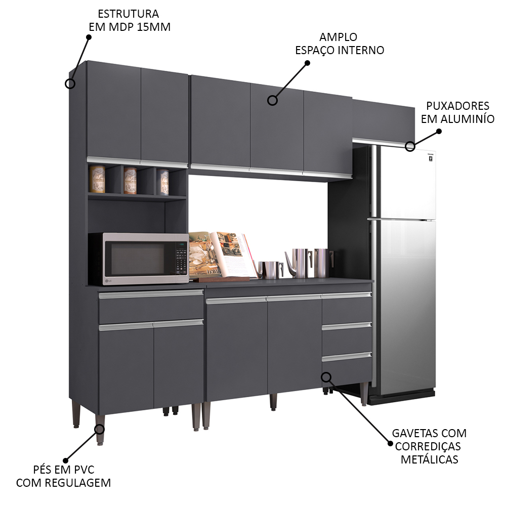 Cozinha Modulada 4 Peças Balcão com Tampo 120cm Andréia Cinza- AJL Móveis