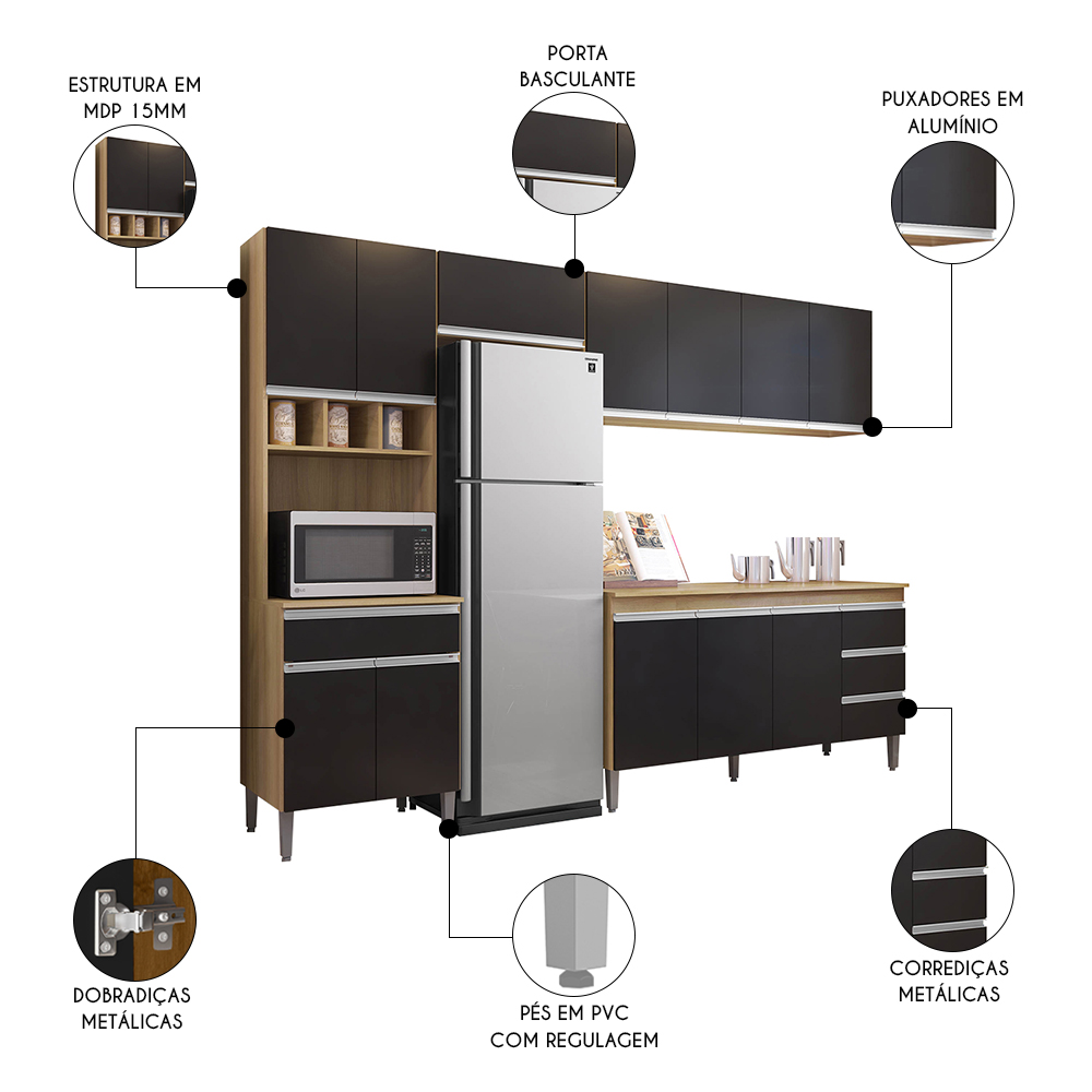Cozinha Modulada 4 Peças Balcão com Tampo 160cm Andréia Amêndoa/Preto - AJL Móveis