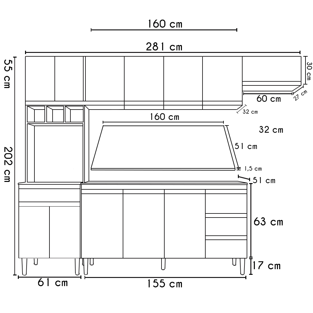 Cozinha Modulada 4 Peças Balcão com Tampo 160cm Andréia Amêndoa/Preto - AJL Móveis