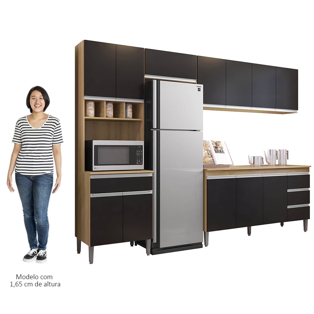Cozinha Modulada 4 Peças Balcão com Tampo 160cm Andréia Amêndoa/Preto - AJL Móveis