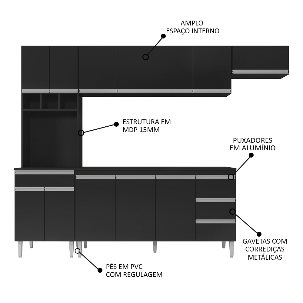 Cozinha Modulada 4 Peças Balcão com Tampo 160cm Andréia Preto - AJL Móveis