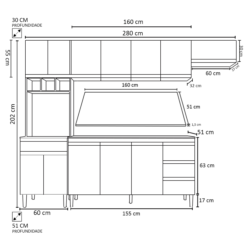 Cozinha Modulada 4 Peças Balcão com Tampo 160cm Andréia Preto - AJL Móveis