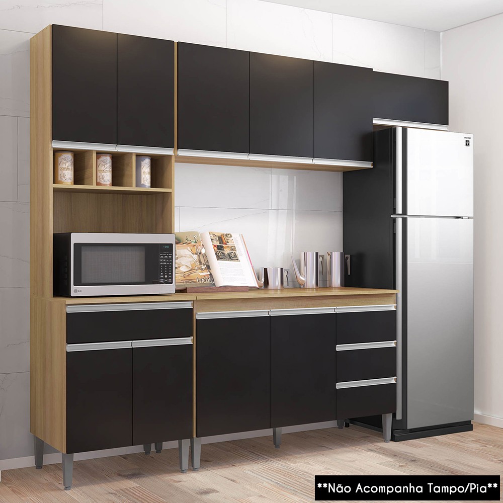 Cozinha Modulada 4 Peças Balcão sem Tampo 120cm Andréia Amêndoa/Preto - AJL Móveis