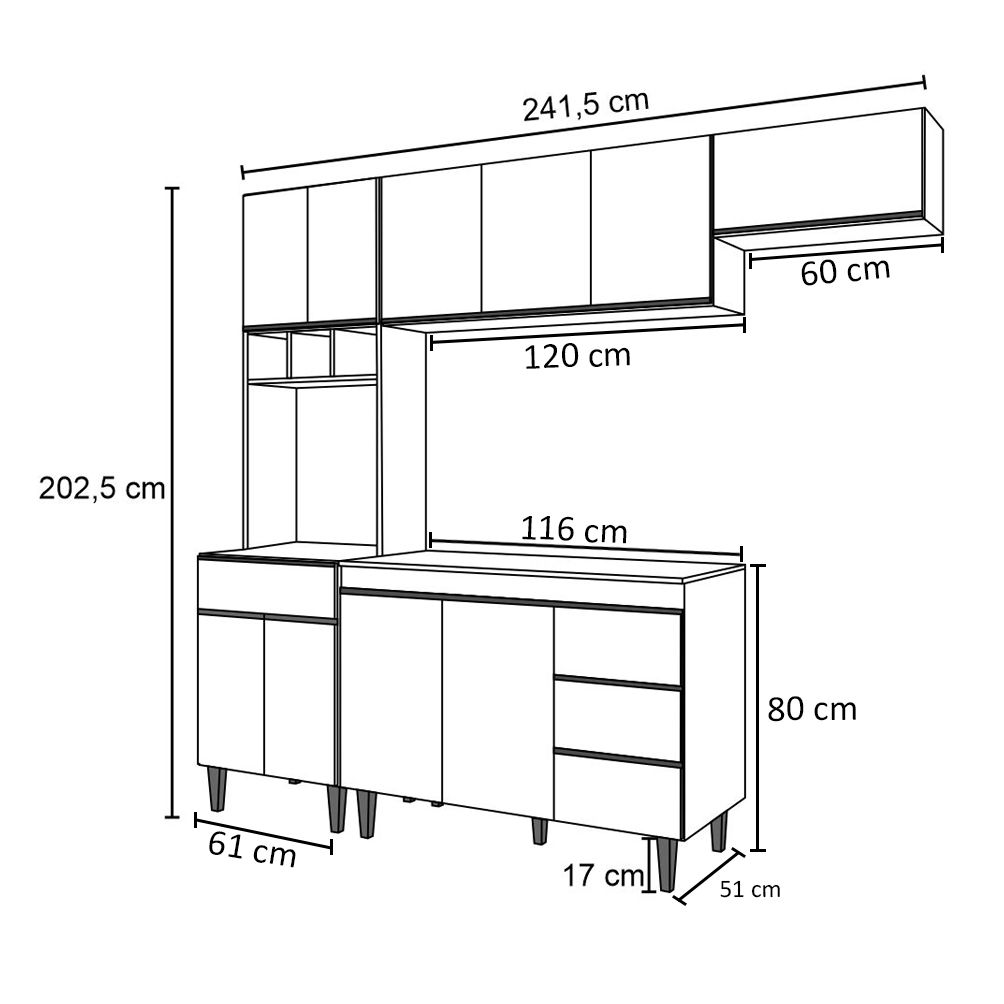 Cozinha Modulada 4 Peças Balcão sem Tampo 120cm Andréia Cinza - AJL Móveis