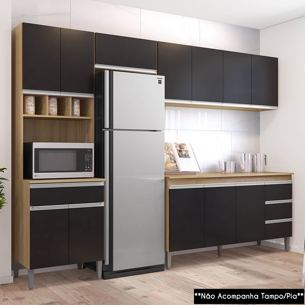 Cozinha Modulada 4 Peças Balcão sem Tampo 160cm Andréia Amêndoa/Preto - AJL Móveis