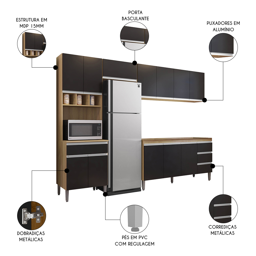 Cozinha Modulada 4 Peças Balcão sem Tampo 160cm Andréia Amêndoa/Preto - AJL Móveis