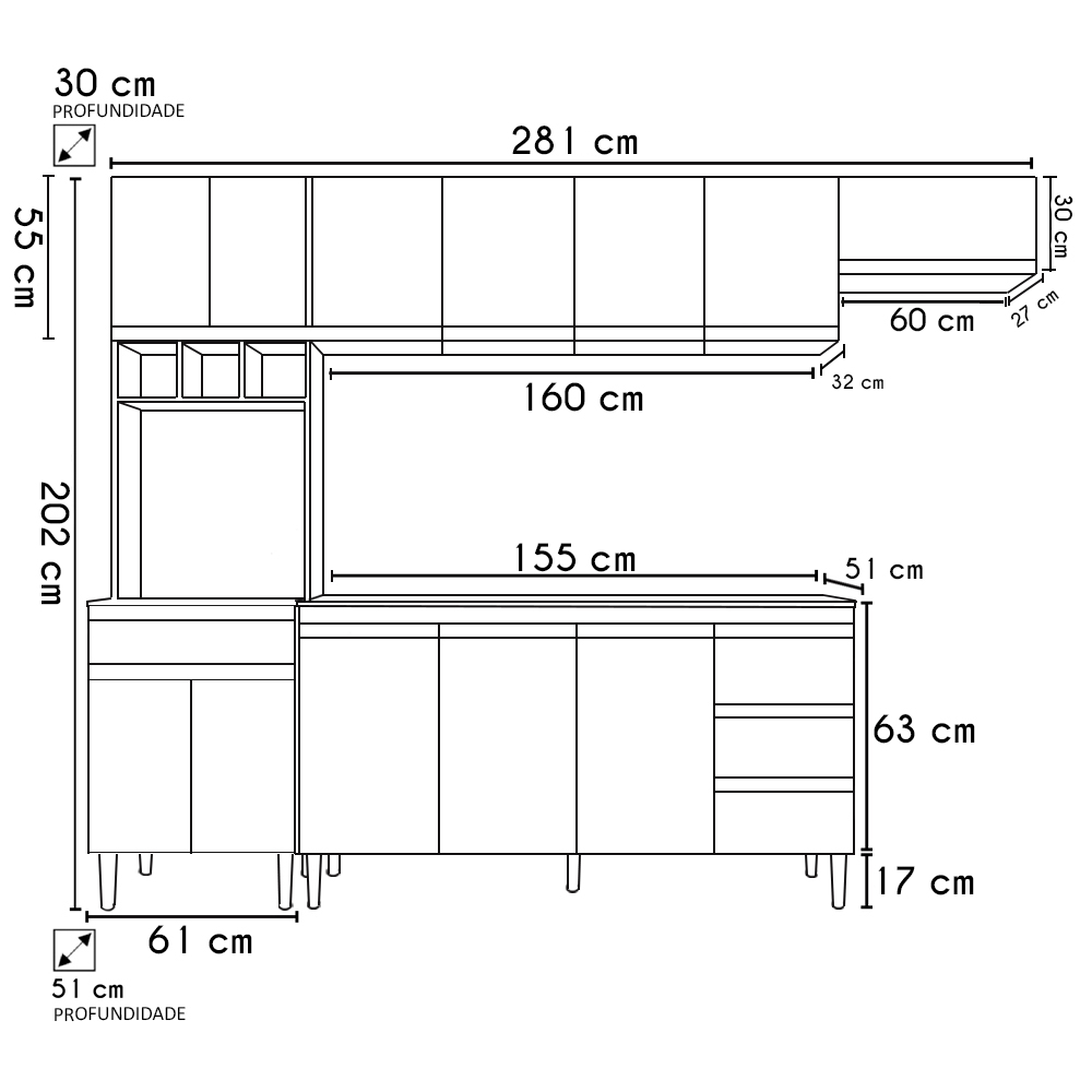 Cozinha Modulada 4 Peças Balcão sem Tampo 160cm Andréia Amêndoa/Preto - AJL Móveis
