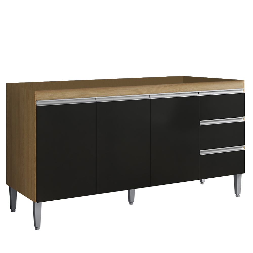 Cozinha Modulada 4 Peças Balcão sem Tampo 160cm Andréia Amêndoa/Preto - AJL Móveis