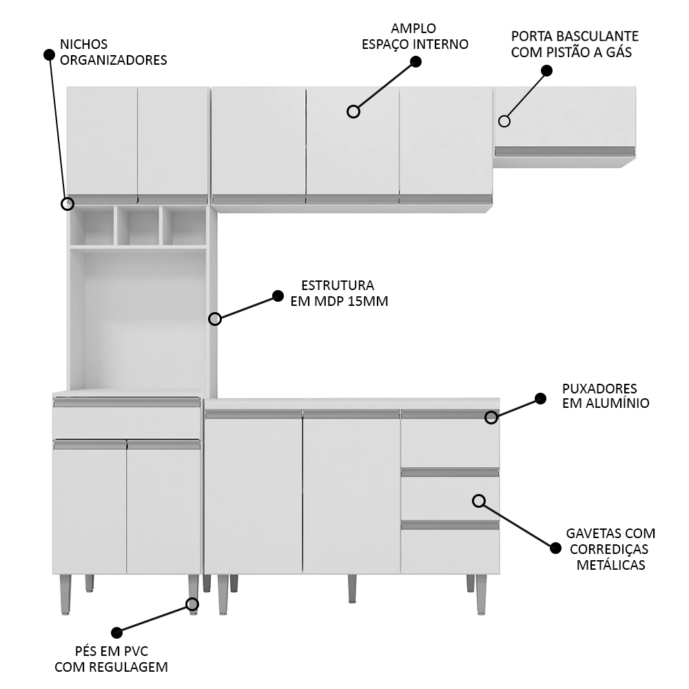 Cozinha Modulada 5 Peças Balcão com Pia 120cm Andréia Branco - AJL Móveis
