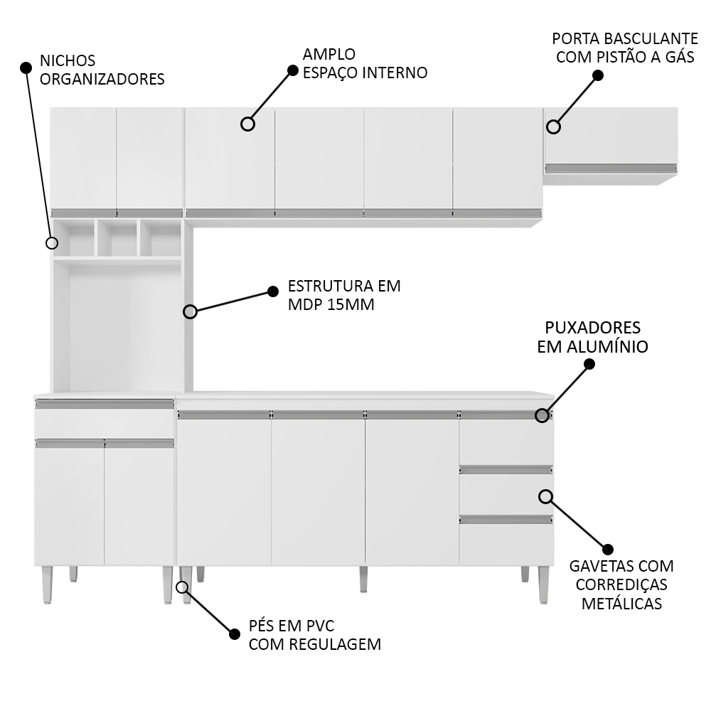 Cozinha Modulada 5 Peças Balcão com Pia 160cm Andréia Branco - AJL Móveis