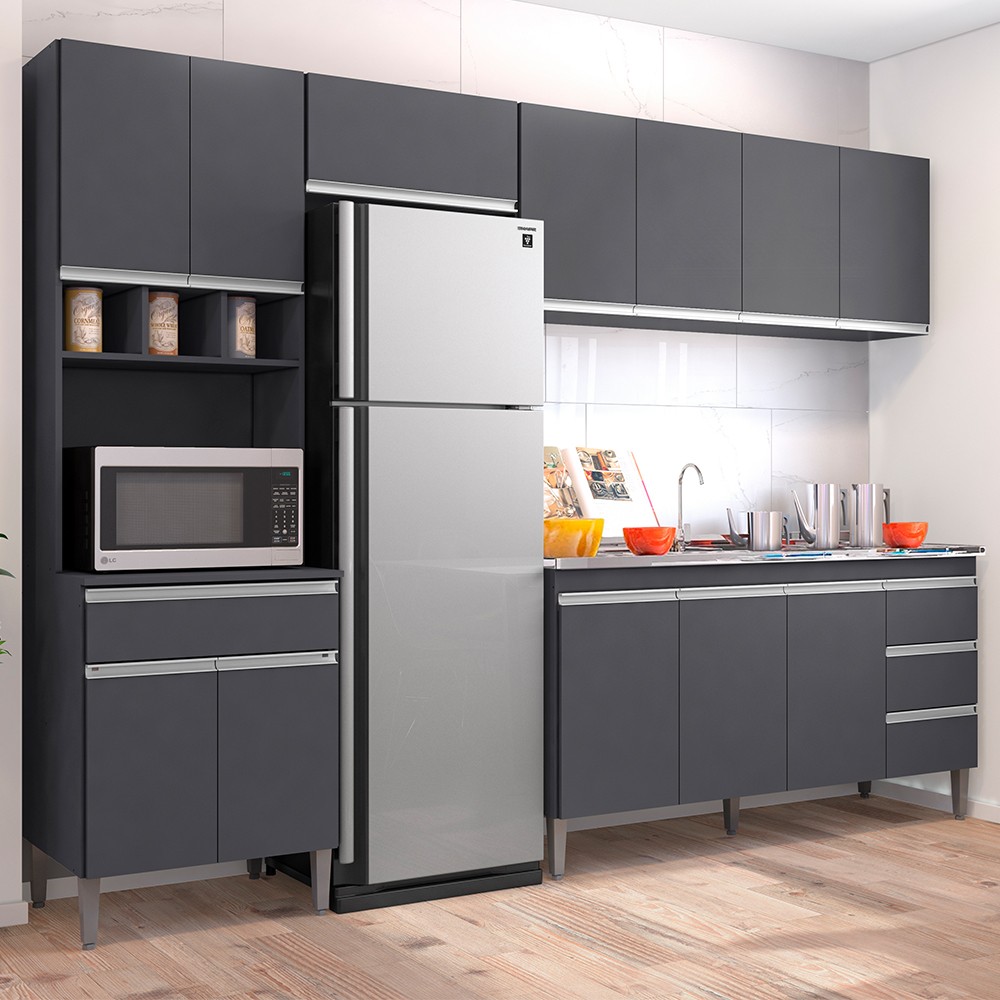 Cozinha Modulada 5 Peças Balcão com Pia 160cm Andréia Cinza - AJL Móveis