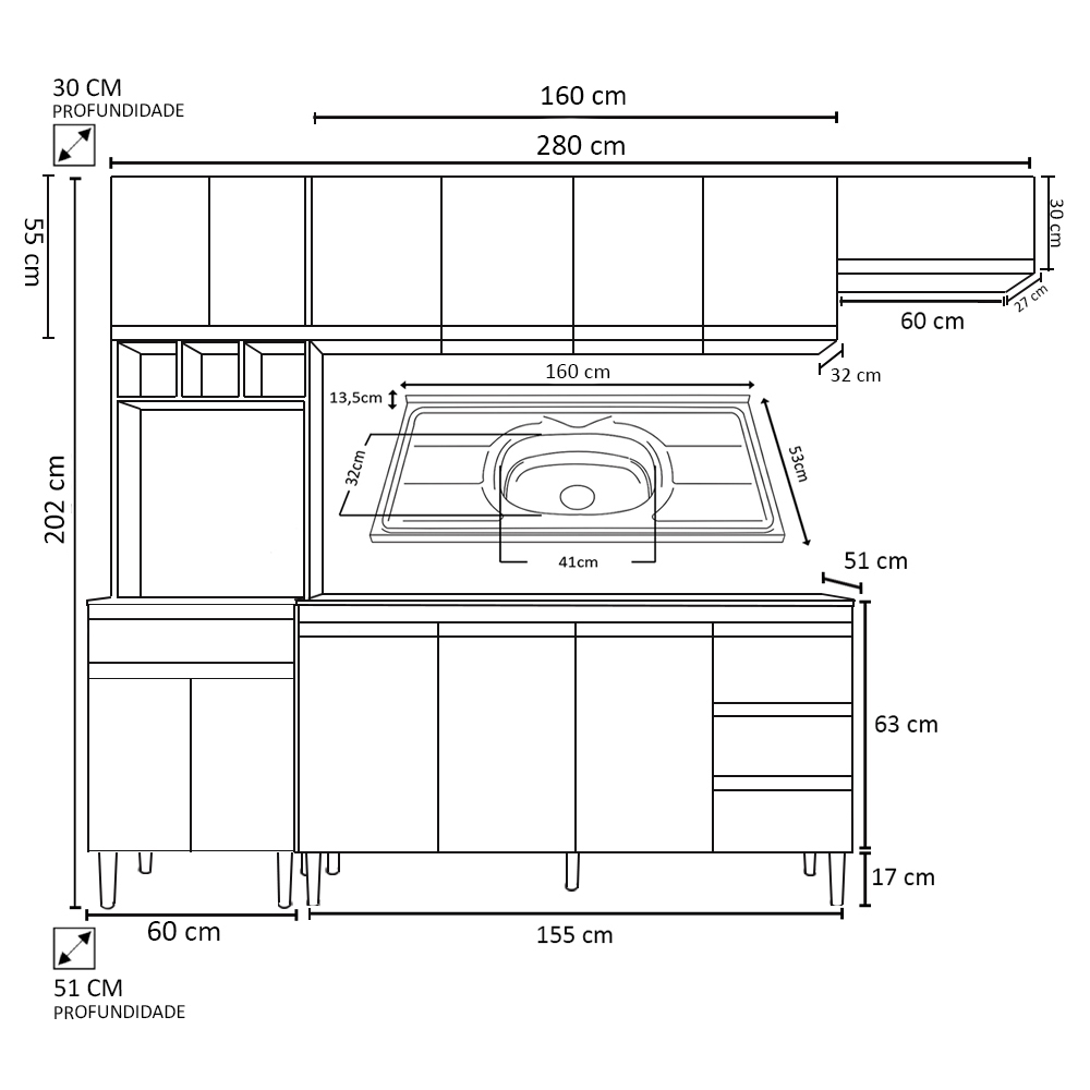 Cozinha Modulada 5 Peças Balcão com Pia 160cm Andréia Cinza - AJL Móveis