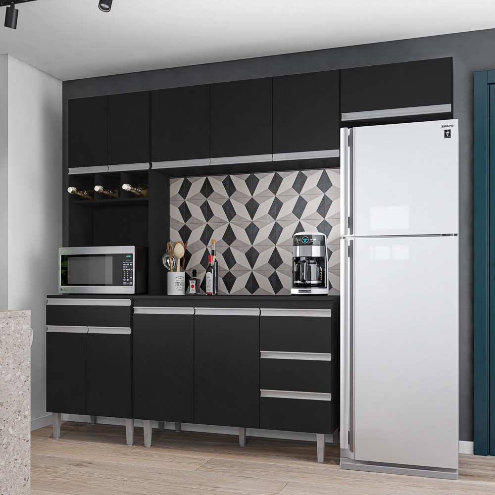 Cozinha Modulada 5 Peças com Tampo 241cm 10 Portas 4 Gavetas Andréia Preto - AJL Móveis