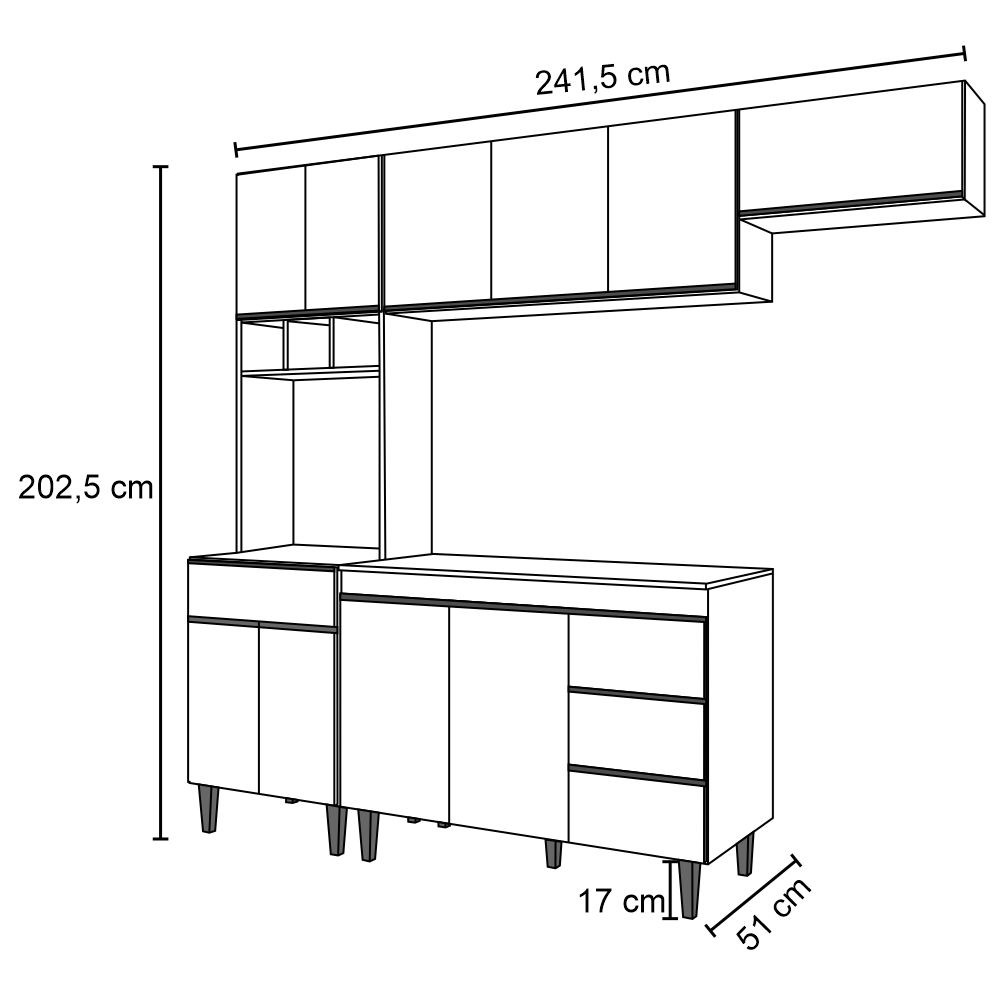 Cozinha Modulada 5 Peças com Tampo 241cm 10 Portas 4 Gavetas Andréia Preto - AJL Móveis