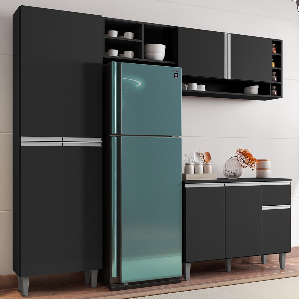 Cozinha Modulada Completa 230cm Com Balcão e Armário Aéreo Vanessa Preto Fosco - AJL Móveis