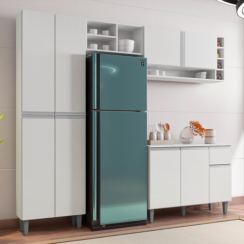 Cozinha Modulada Vanessa 230cm Paneleiro, Balcão com Tampo MDP e Aéreo Branco - AJL Móveis