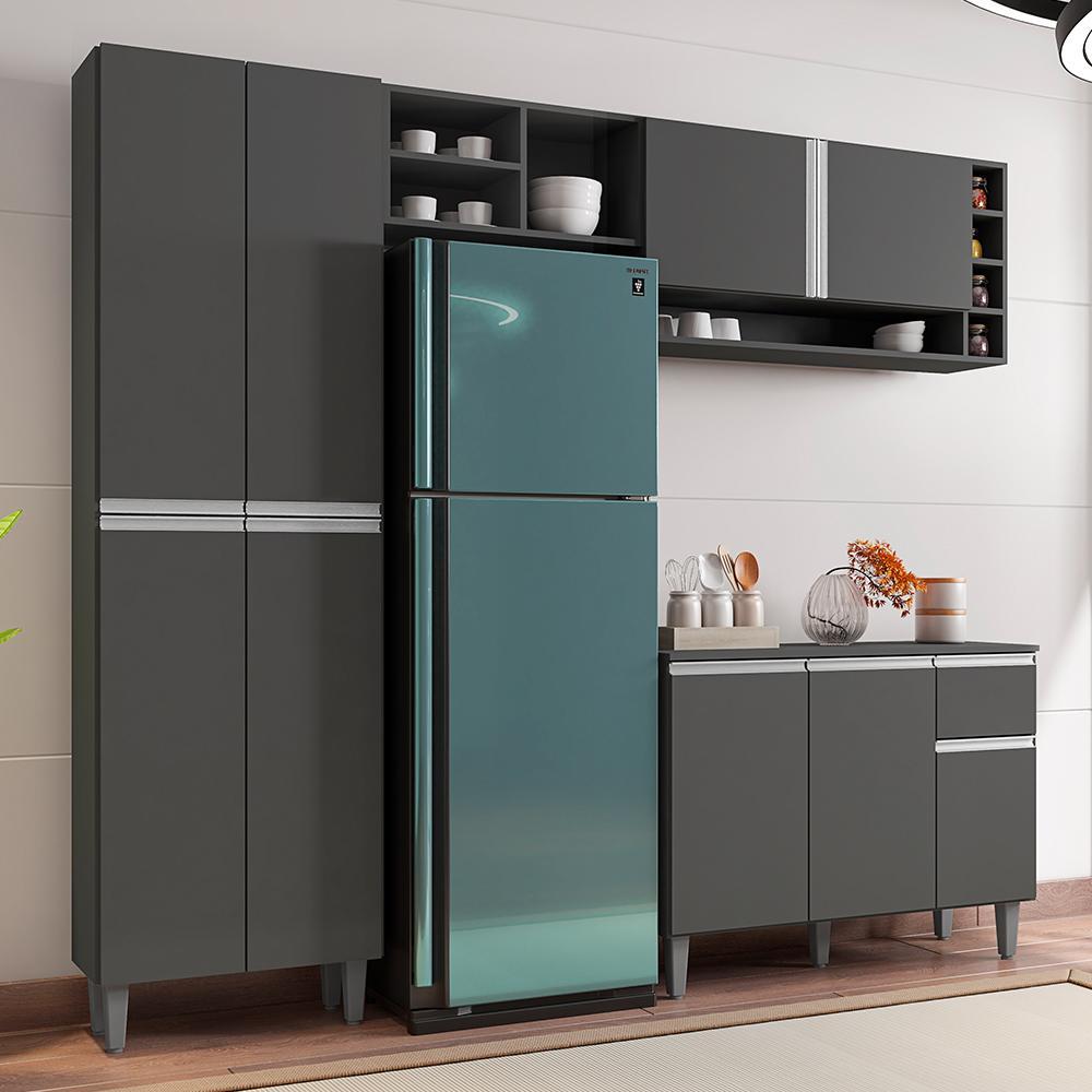 Cozinha Modulada Vanessa 230cm Paneleiro, Balcão com Tampo MDP e Aéreo Cinza - AJL Móveis