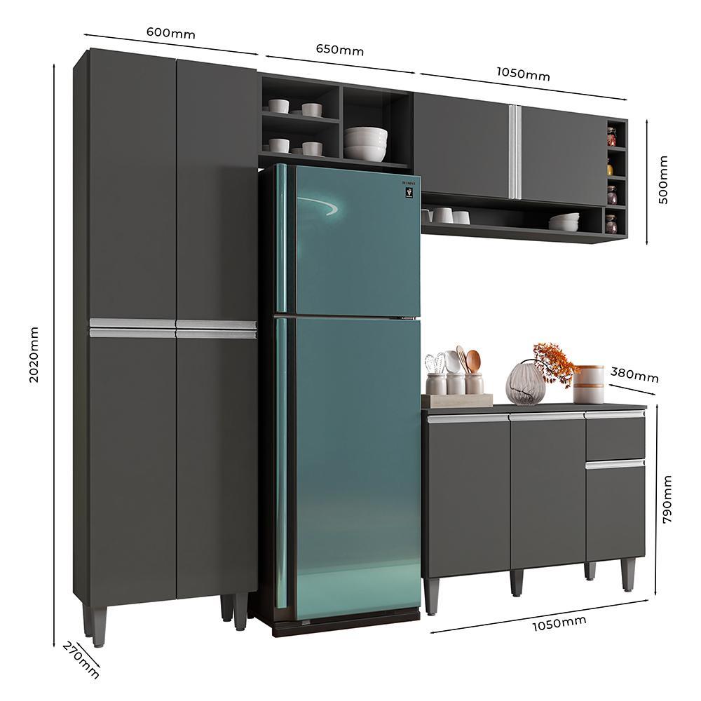 Cozinha Modulada Vanessa 230cm Paneleiro, Balcão com Tampo MDP e Aéreo Cinza - AJL Móveis