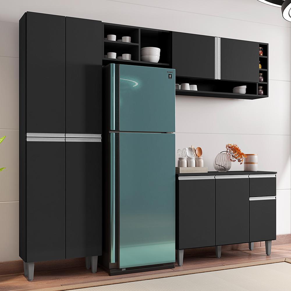 Cozinha Modulada Vanessa 230cm Paneleiro, Balcão com Tampo MDP e Aéreo Preto - AJL Móveis