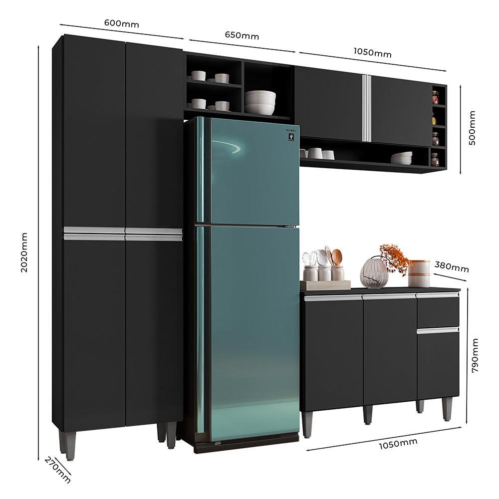 Cozinha Modulada Vanessa 230cm Paneleiro, Balcão com Tampo MDP e Aéreo Preto - AJL Móveis