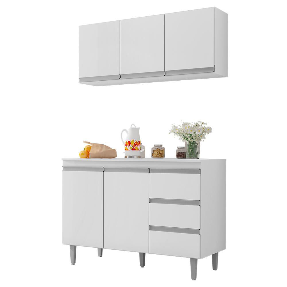 Kit de Cozinha Andréia Balcão 120cm Branco com Tampo MDP e Aéreo - AJL Móveis