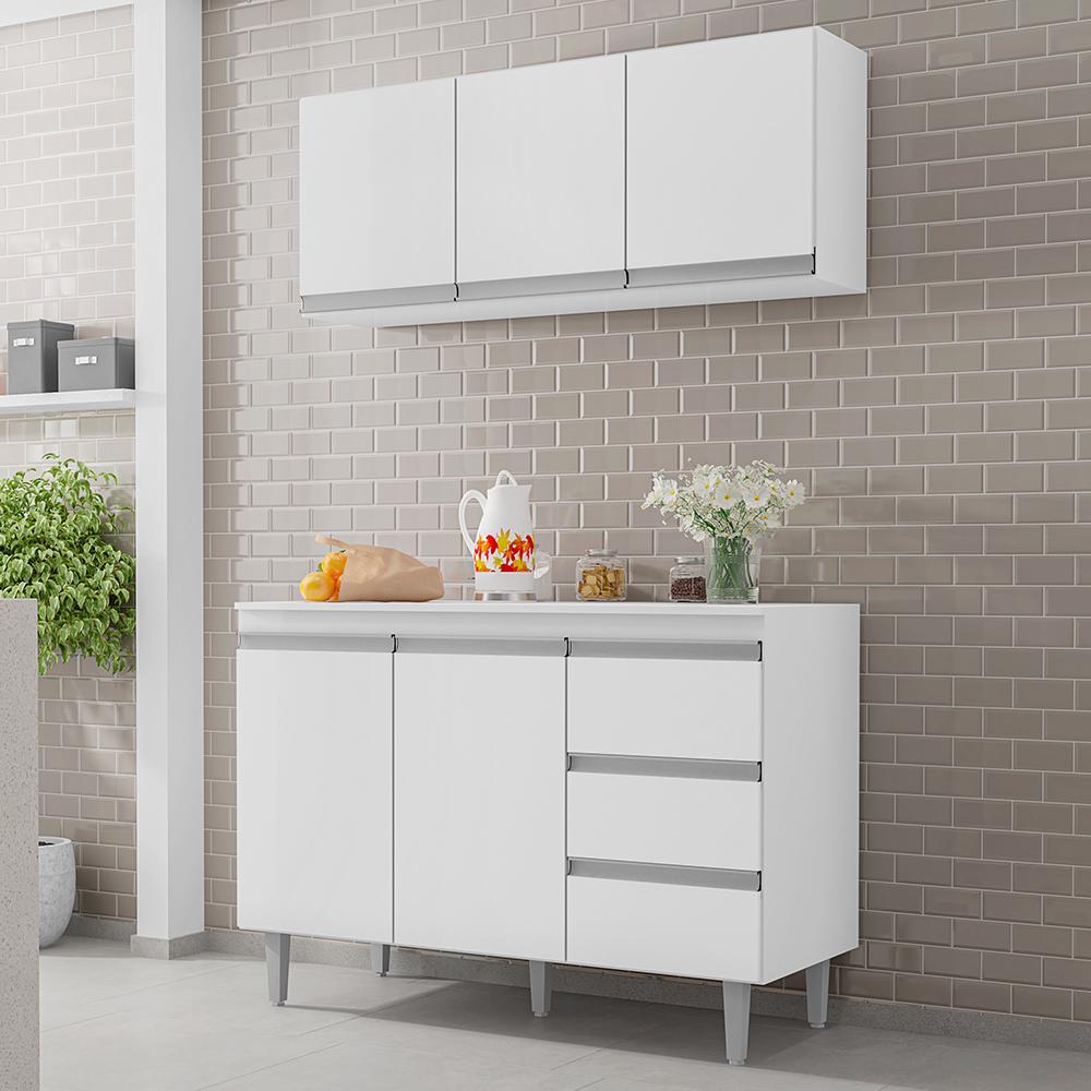 Kit de Cozinha Andréia Balcão 120cm Branco com Tampo MDP e Aéreo - AJL Móveis