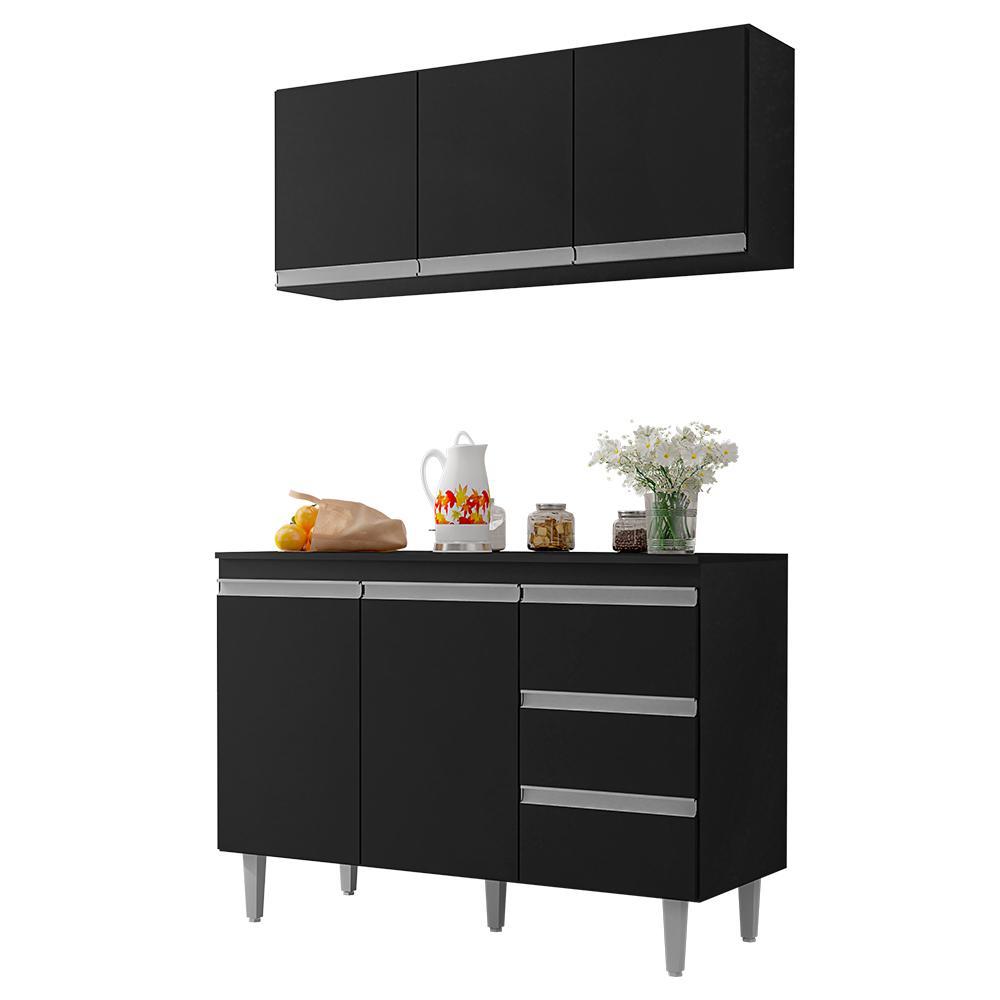 Kit de Cozinha Andréia Balcão 120cm Preto com Tampo MDP e Aéreo - AJL Móveis