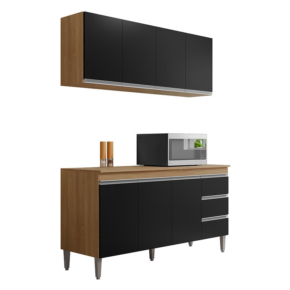 Kit de Cozinha Andréia Balcão 150cm Amêndoa/Preto com Tampo MDP e Aéreo - AJL Móveis