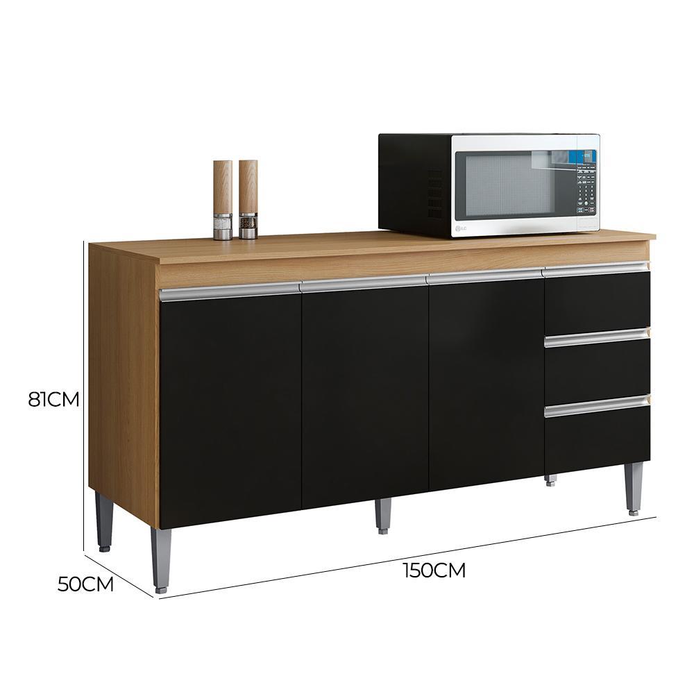 Kit de Cozinha Andréia Balcão 150cm Amêndoa/Preto com Tampo MDP e Aéreo - AJL Móveis