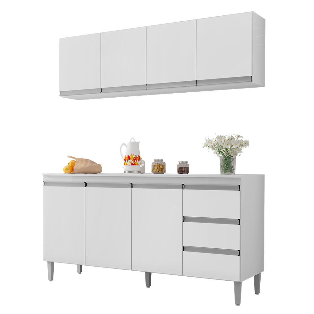 Kit de Cozinha Andréia Balcão 150cm Branco com Tampo MDP e Aéreo - AJL Móveis