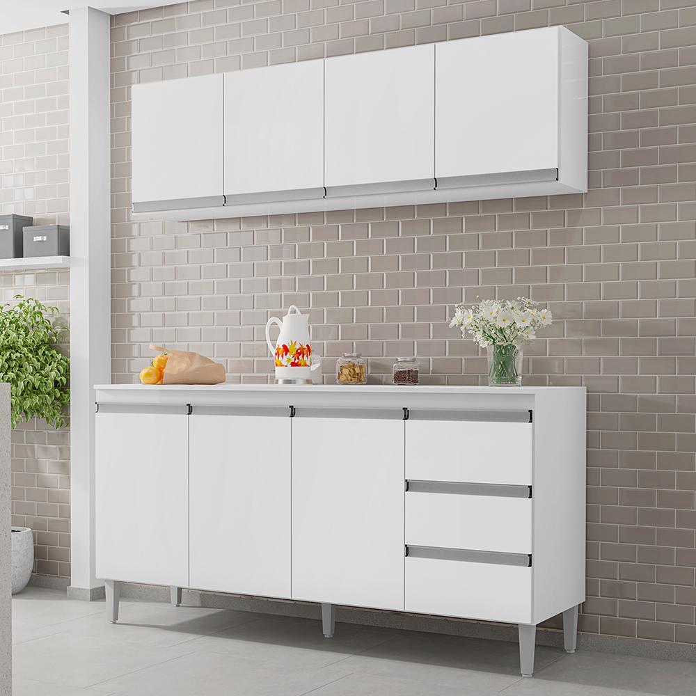 Kit de Cozinha Andréia Balcão 150cm Branco com Tampo MDP e Aéreo - AJL Móveis