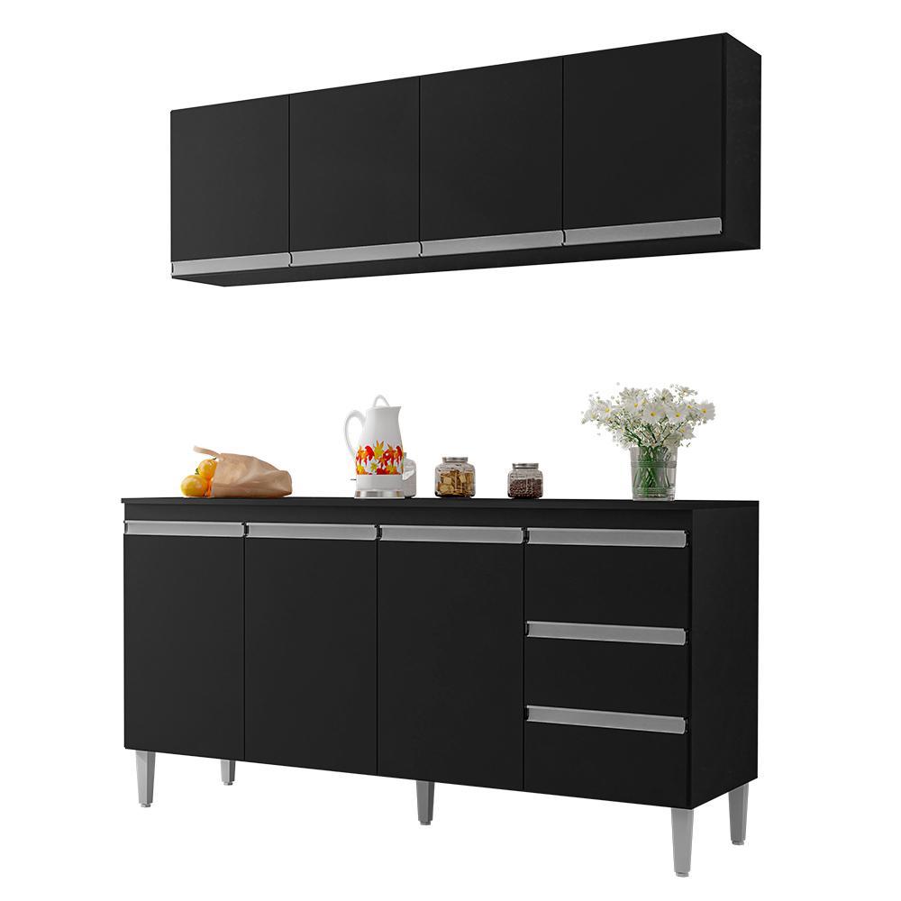 Kit de Cozinha Andréia Balcão 150cm Preto com Tampo MDP e Aéreo - AJL Móveis