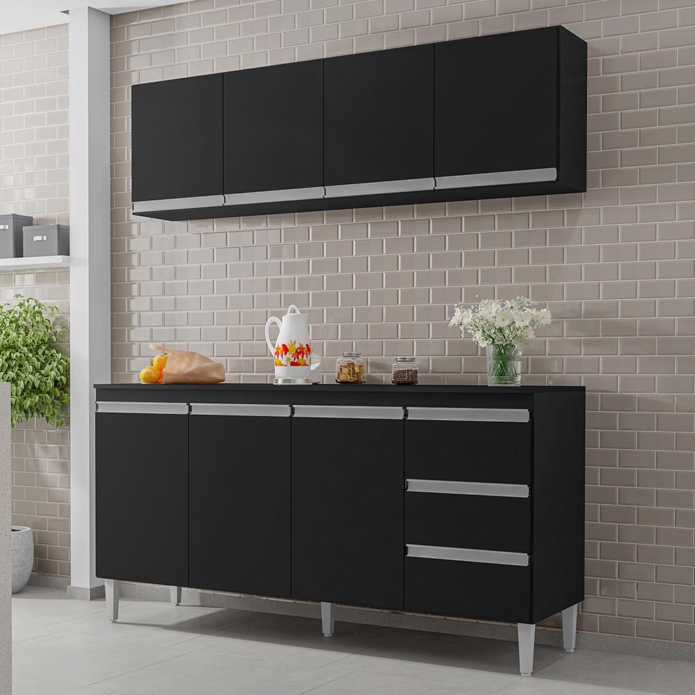 Kit de Cozinha Andréia Balcão 150cm Preto com Tampo MDP e Aéreo - AJL Móveis