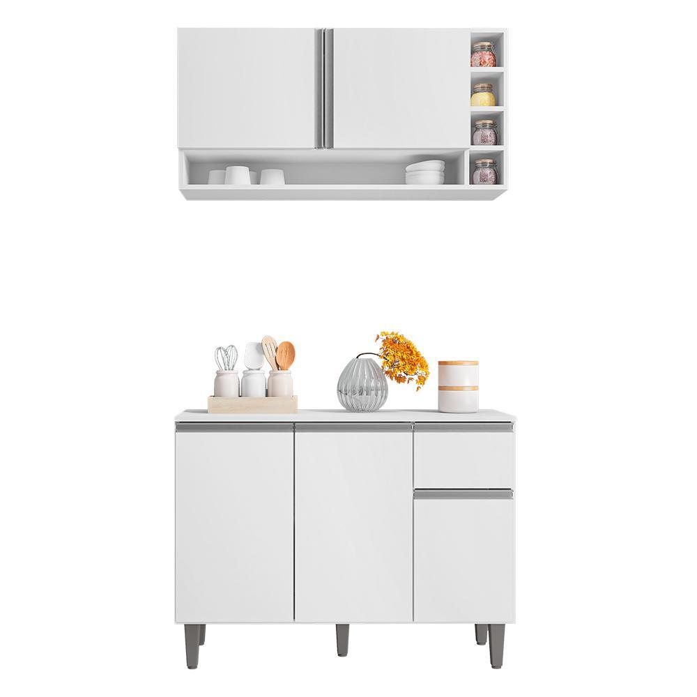 Kit de Cozinha Vanessa Balcão com Tampo MDP e Aéreo Branco - AJL Móveis