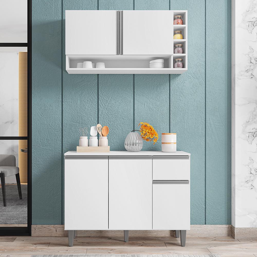 Kit de Cozinha Vanessa Balcão com Tampo MDP e Aéreo Branco - AJL Móveis